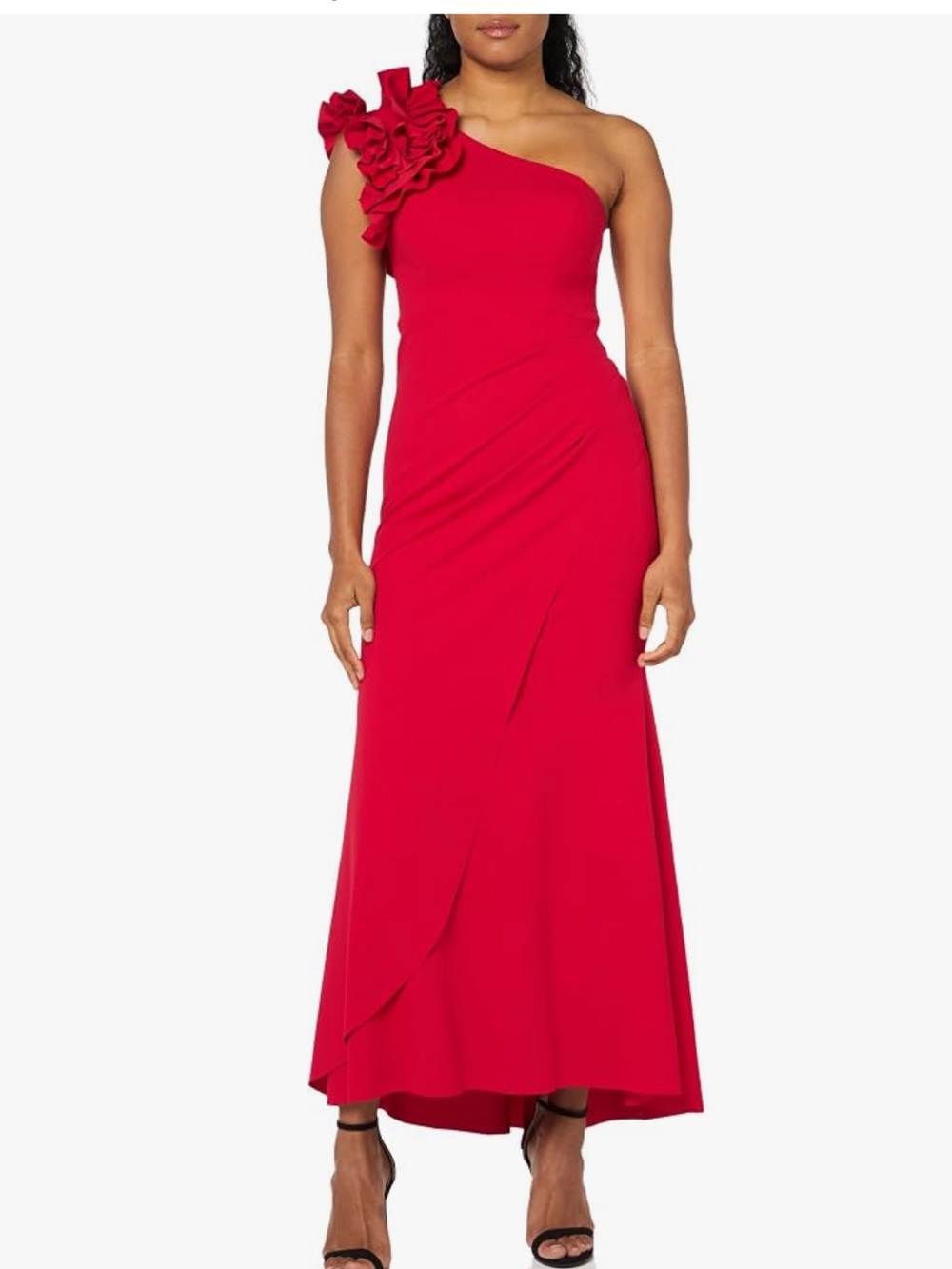 Xscape Womens Long One Shoulder Ruffle Scuba Crepe red Dress sz New